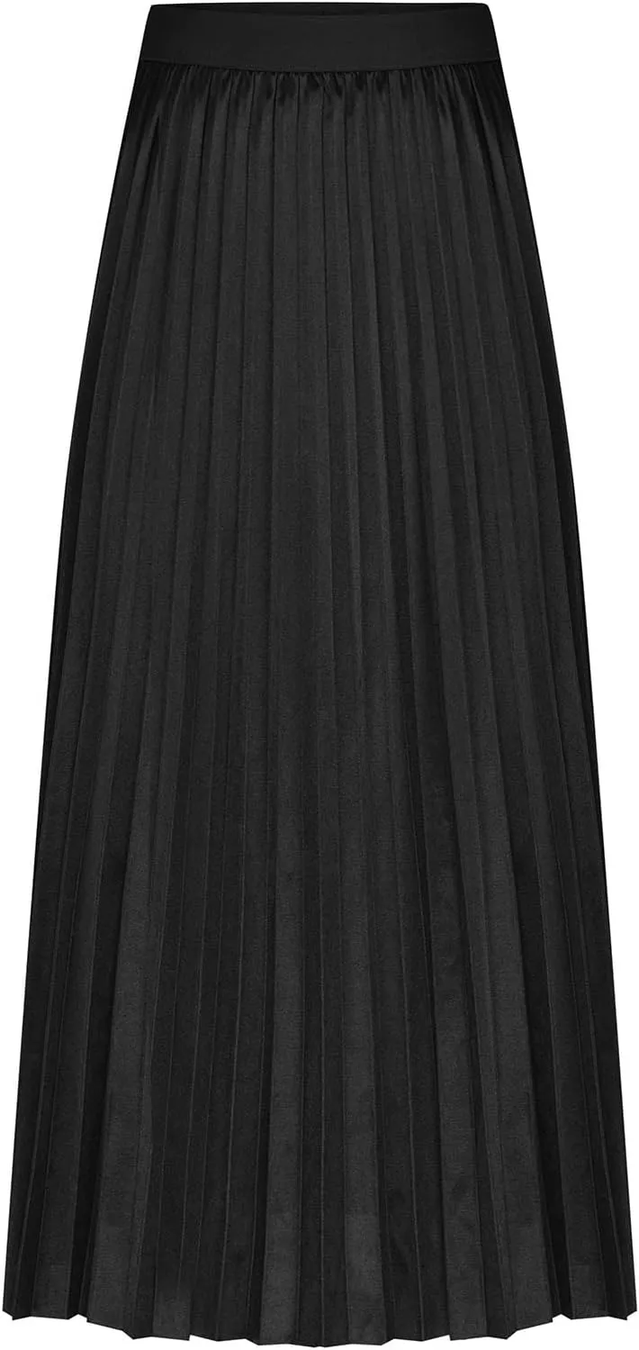 Womens Silk Satin High Waisted Maxi Skirts Dressy Hidden Elasticized Waistband Pleated Flowy Swing A Line Long Skirt