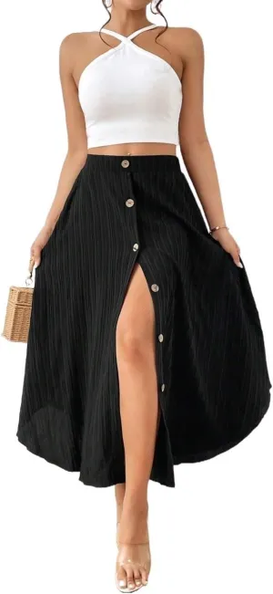 Womens Solid Button Front Flared Hem Midi Skirt Maxi Outfit A Line Knee Length Skirts for Women