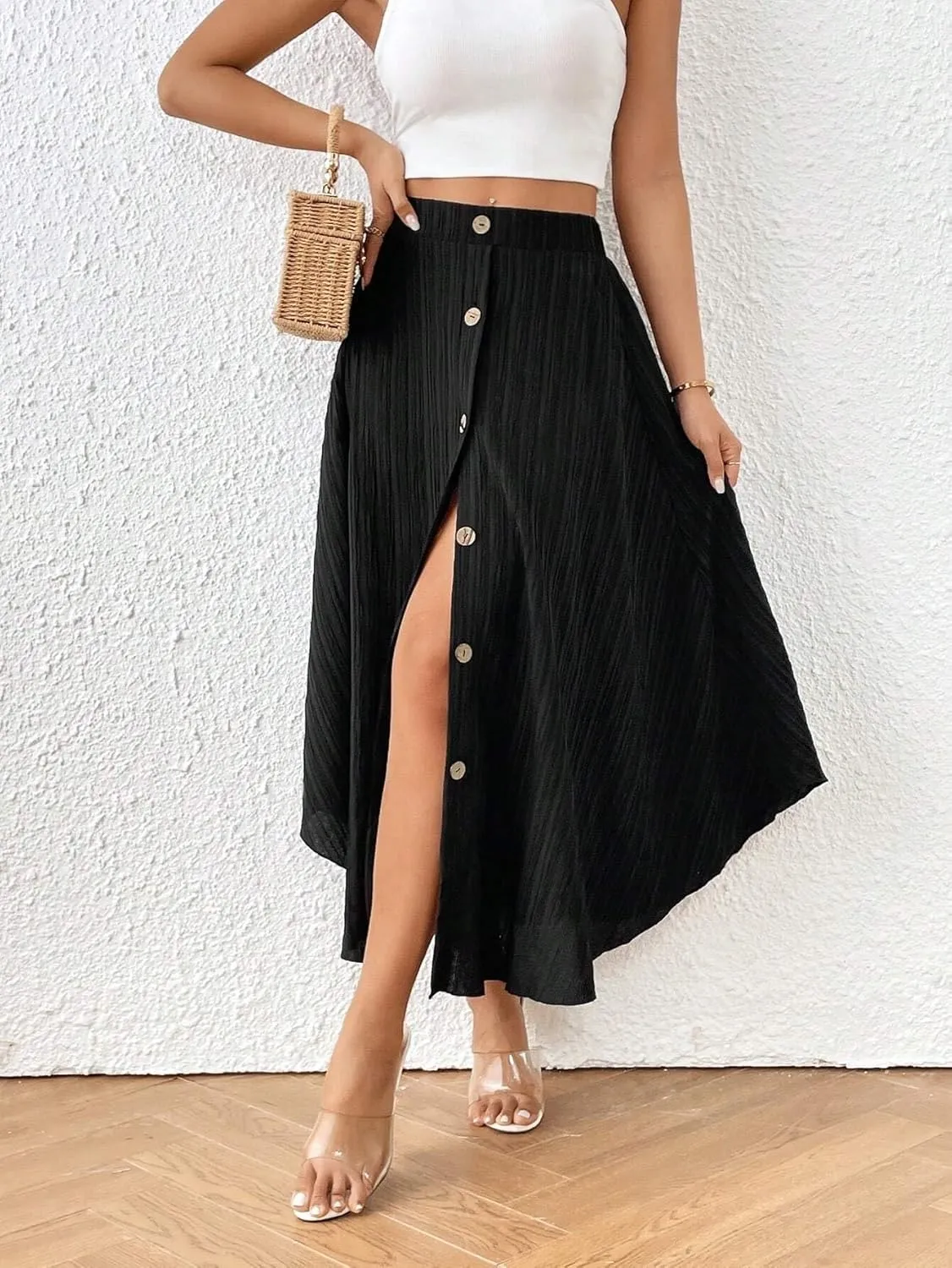 Womens Solid Button Front Flared Hem Midi Skirt Maxi Outfit A Line Knee Length Skirts for Women