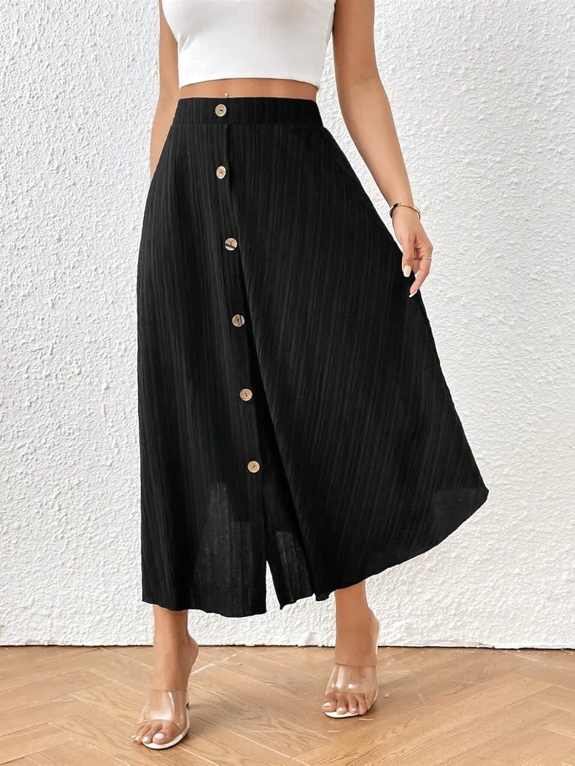 Womens Solid Button Front Flared Hem Midi Skirt Maxi Outfit A Line Knee Length Skirts for Women