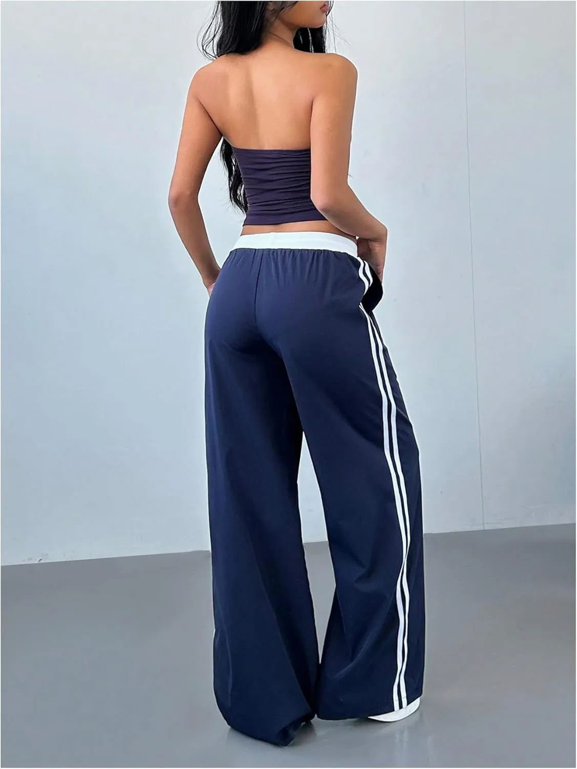 Women's Striped Number Print Baggy Pants Straight Leg Drawstring Waist Colorblock Sports Trousers