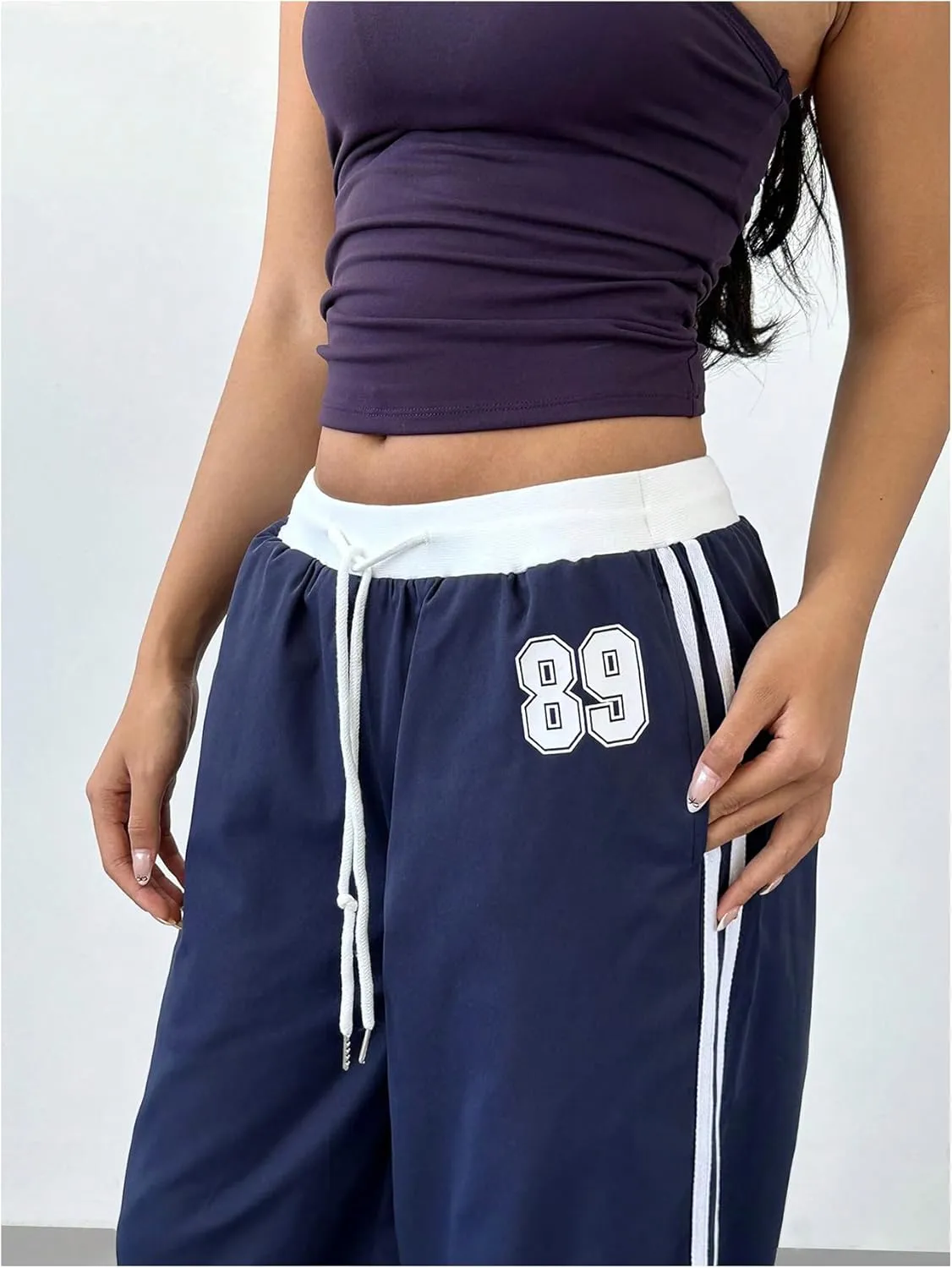 Women's Striped Number Print Baggy Pants Straight Leg Drawstring Waist Colorblock Sports Trousers