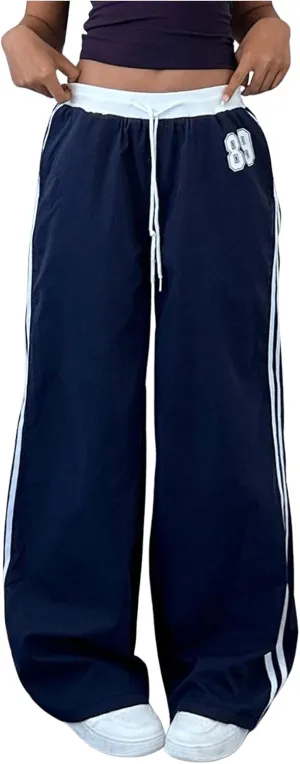 Women's Striped Number Print Baggy Pants Straight Leg Drawstring Waist Colorblock Sports Trousers