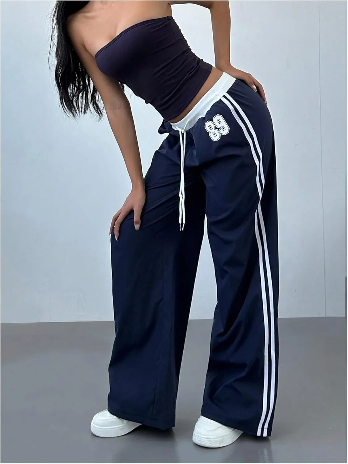 Women's Striped Number Print Baggy Pants Straight Leg Drawstring Waist Colorblock Sports Trousers