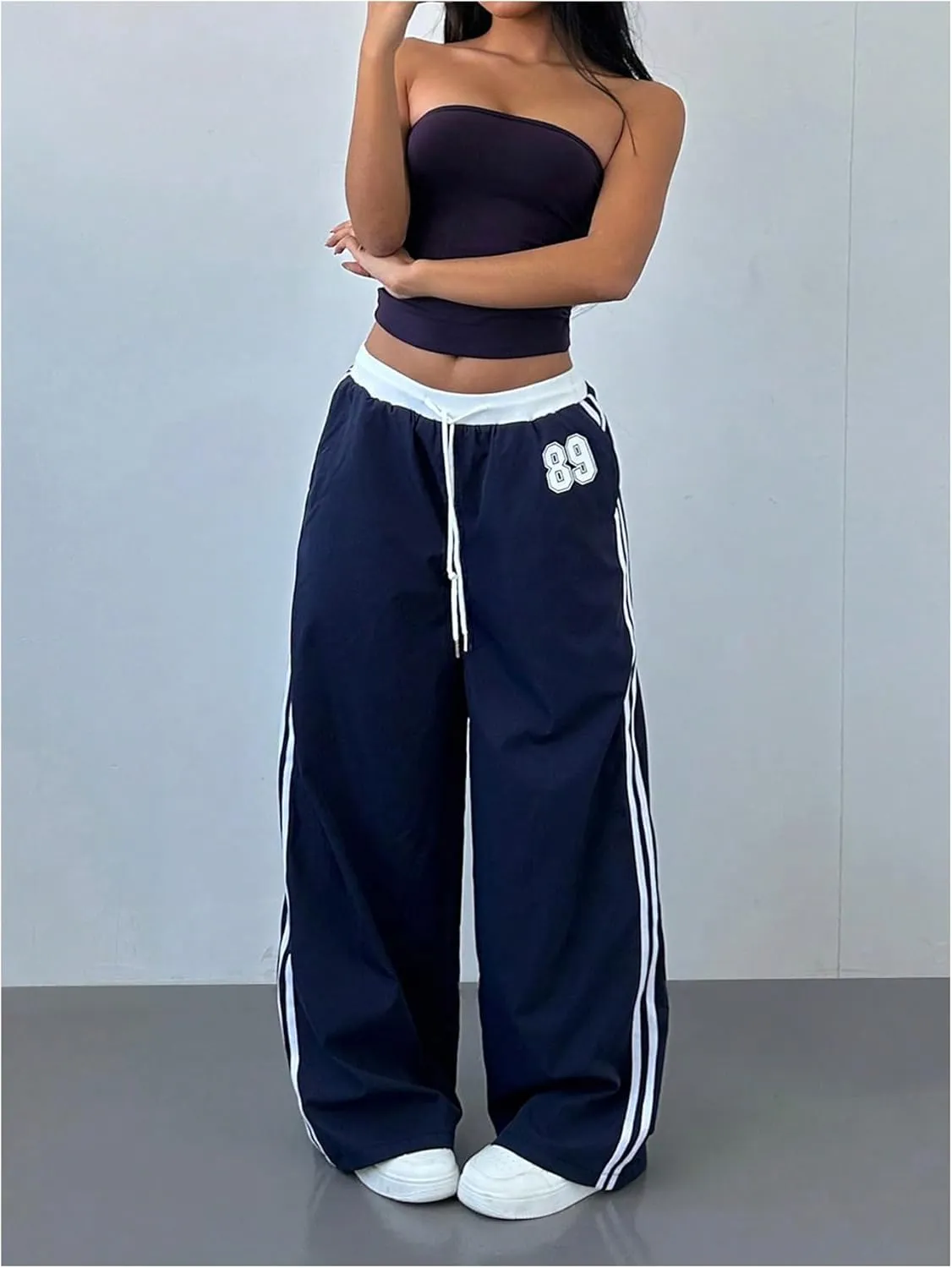 Women's Striped Number Print Baggy Pants Straight Leg Drawstring Waist Colorblock Sports Trousers