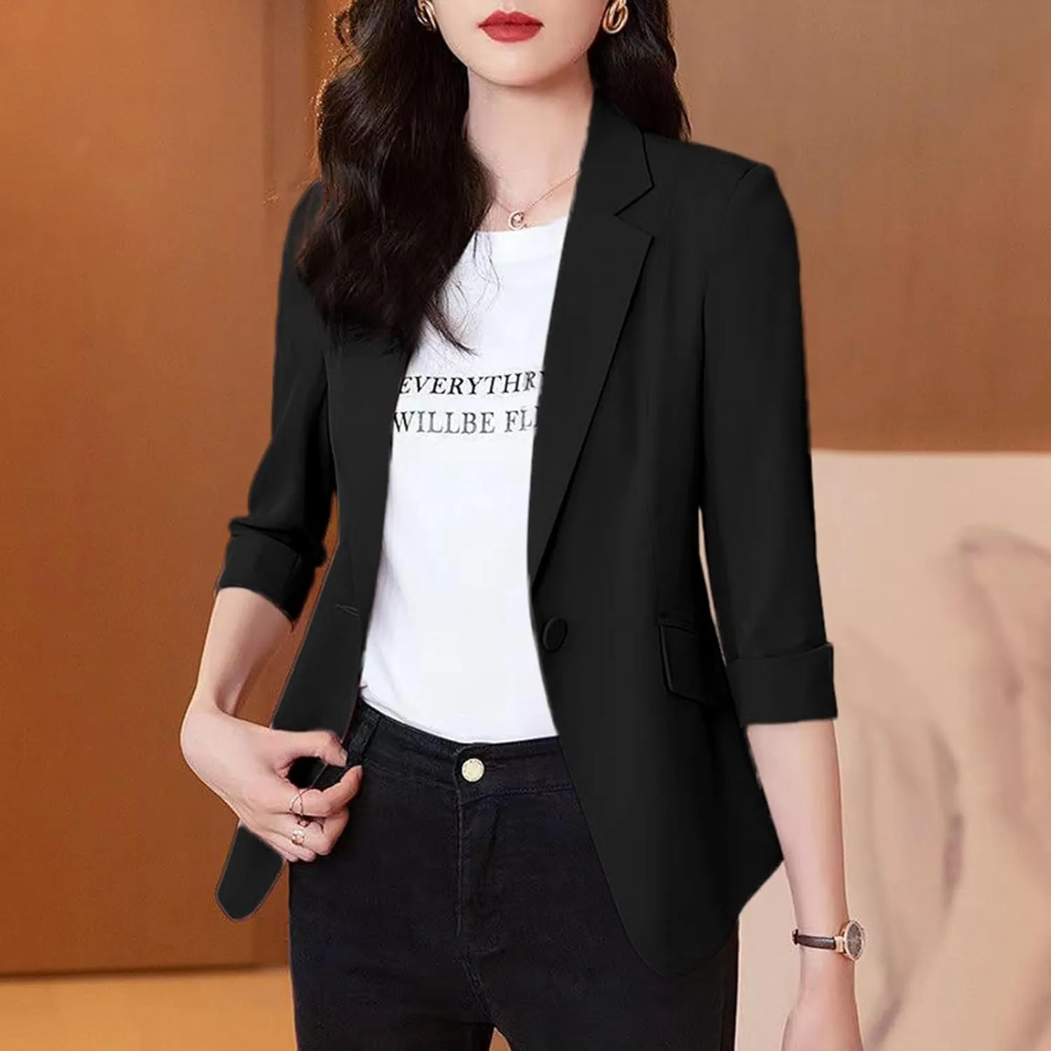 Women's Summer Blazer Button 3/4 Sleeve Pocket Lapel Elegant Trendy Comfortable Soft Comfy Stylish Suit Jackets