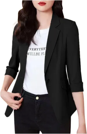 Women's Summer Blazer Button 3/4 Sleeve Pocket Lapel Elegant Trendy Comfortable Soft Comfy Stylish Suit Jackets