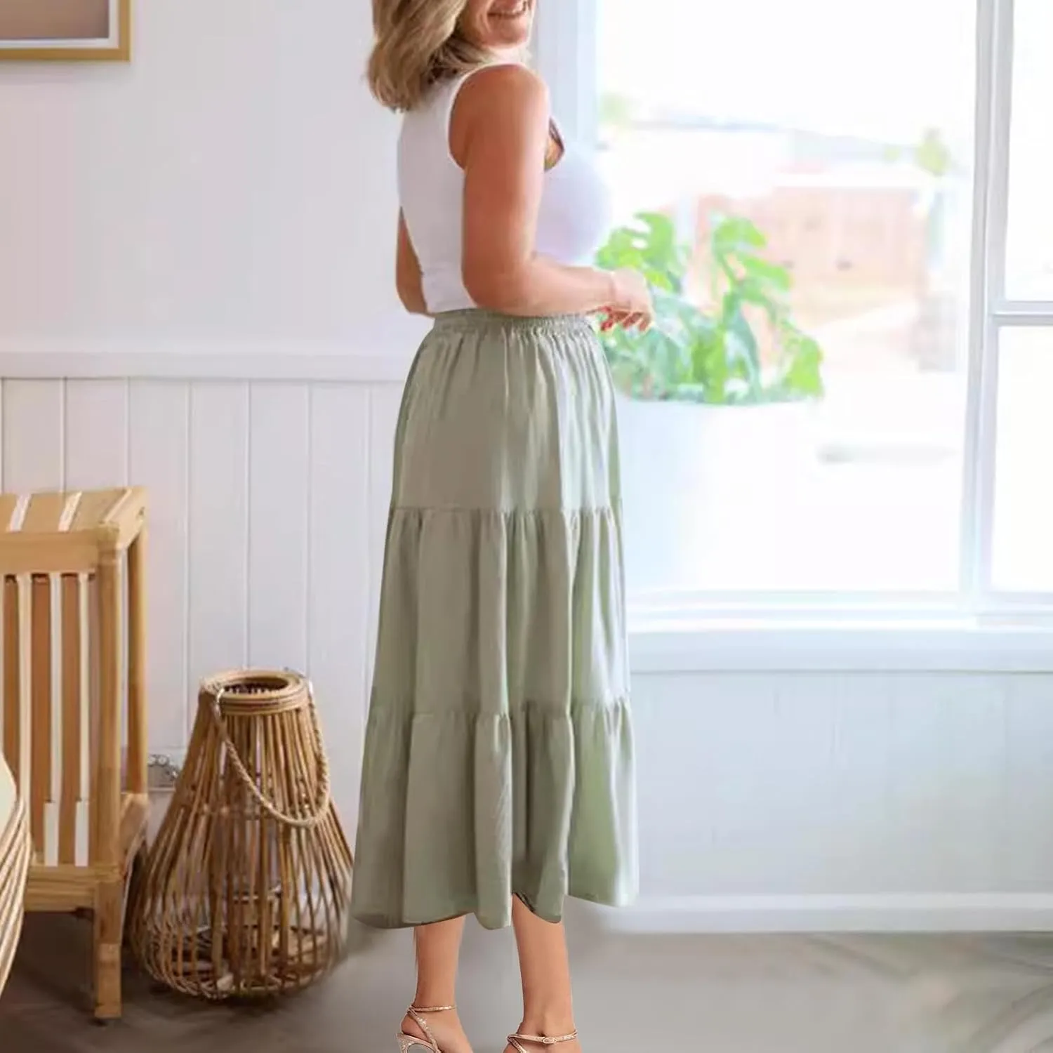 Women's Summer Button Front Skirts Elastic Waist Lace-Up Tiered Pleated Skirt 2025 Fashion Solid Color Midi Skirt