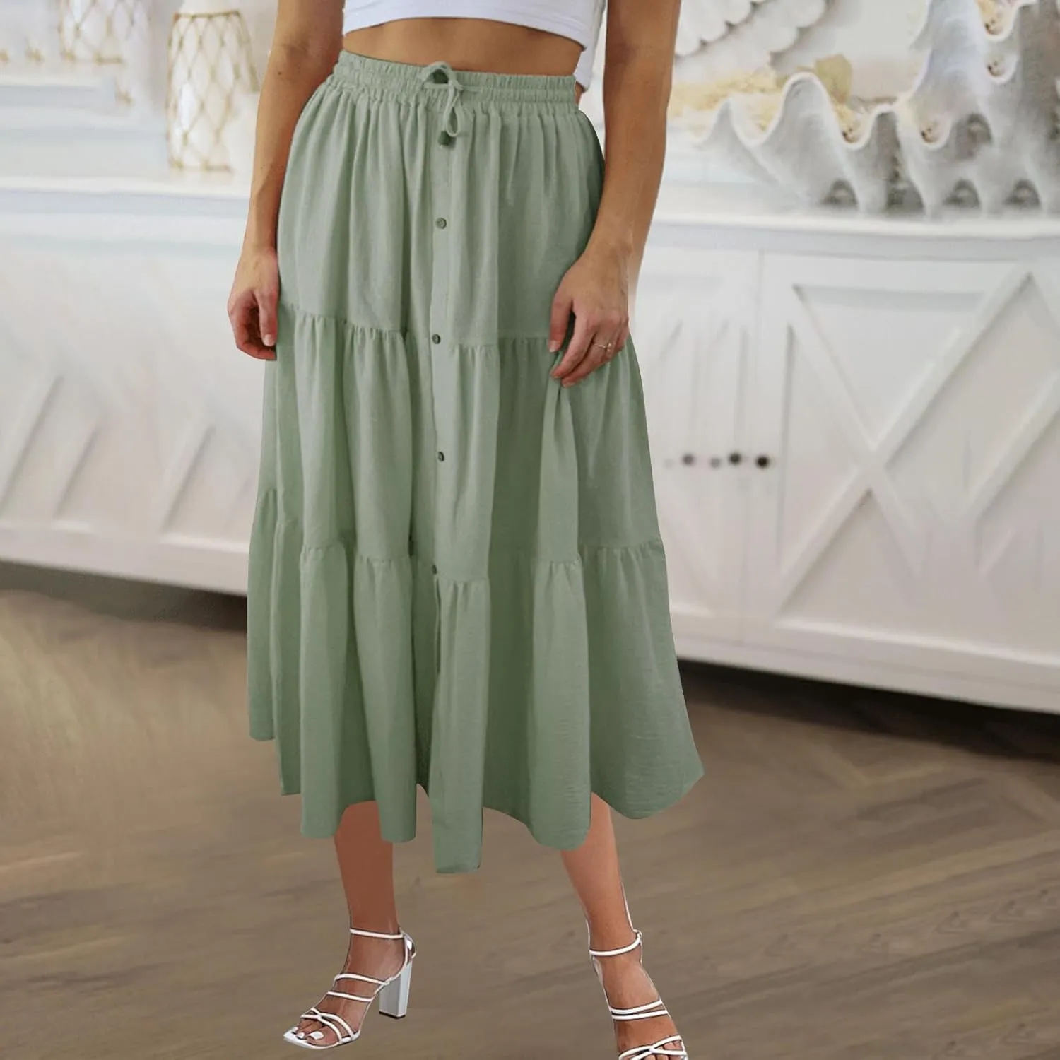 Women's Summer Button Front Skirts Elastic Waist Lace-Up Tiered Pleated Skirt 2025 Fashion Solid Color Midi Skirt