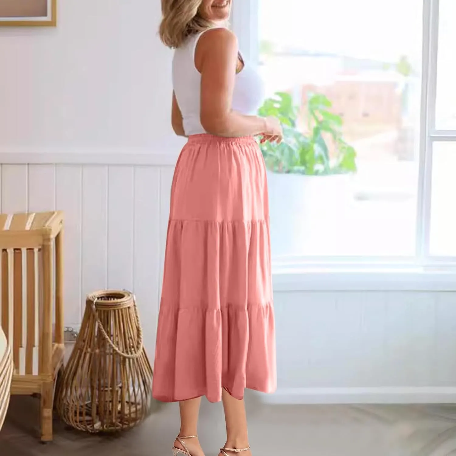 Women's Summer Button Front Skirts Elastic Waist Lace-Up Tiered Pleated Skirt 2025 Fashion Solid Color Midi Skirt