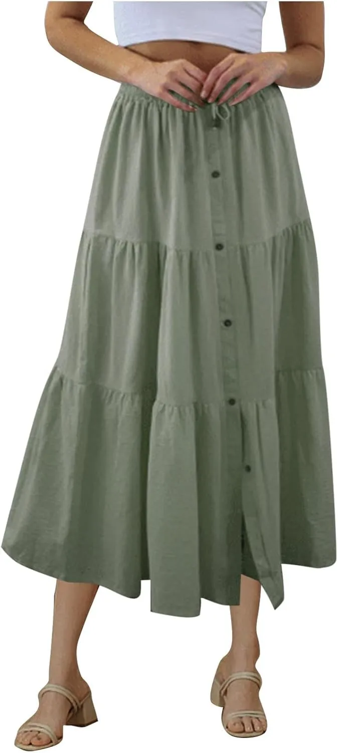 Women's Summer Button Front Skirts Elastic Waist Lace-Up Tiered Pleated Skirt 2025 Fashion Solid Color Midi Skirt