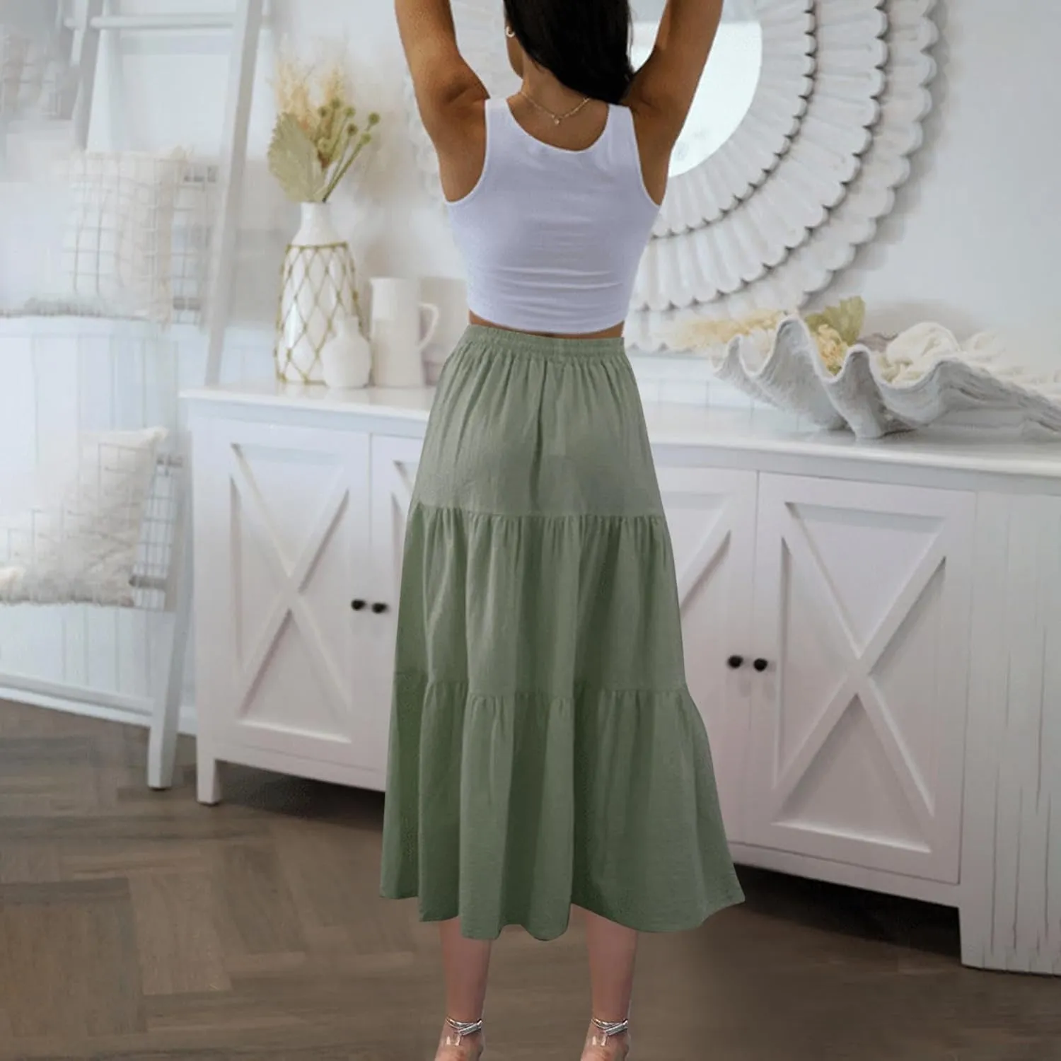 Women's Summer Button Front Skirts Elastic Waist Lace-Up Tiered Pleated Skirt 2025 Fashion Solid Color Midi Skirt