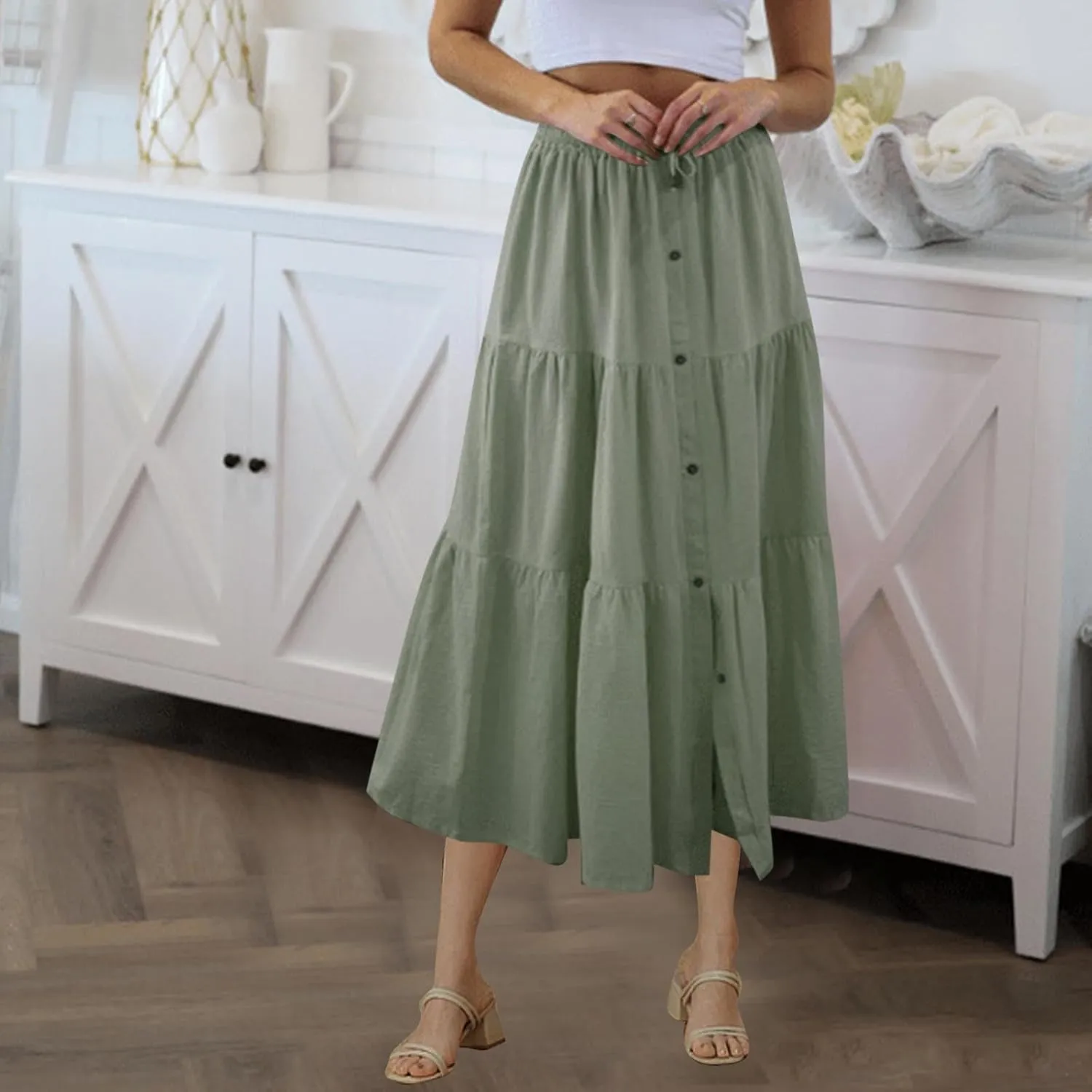 Women's Summer Button Front Skirts Elastic Waist Lace-Up Tiered Pleated Skirt 2025 Fashion Solid Color Midi Skirt