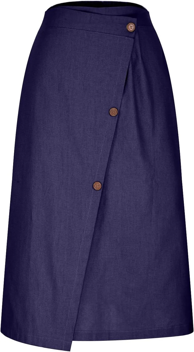 Women's Summer Cotton Linen Button Front Elastic High Waist Swing A Line Midi Skirt Casual Comfy Solid Long Skirts