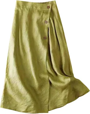 Women's Summer Cotton Linen Button Front Elastic High Waist Swing A Line Midi Skirt Casual Comfy Solid Long Skirts