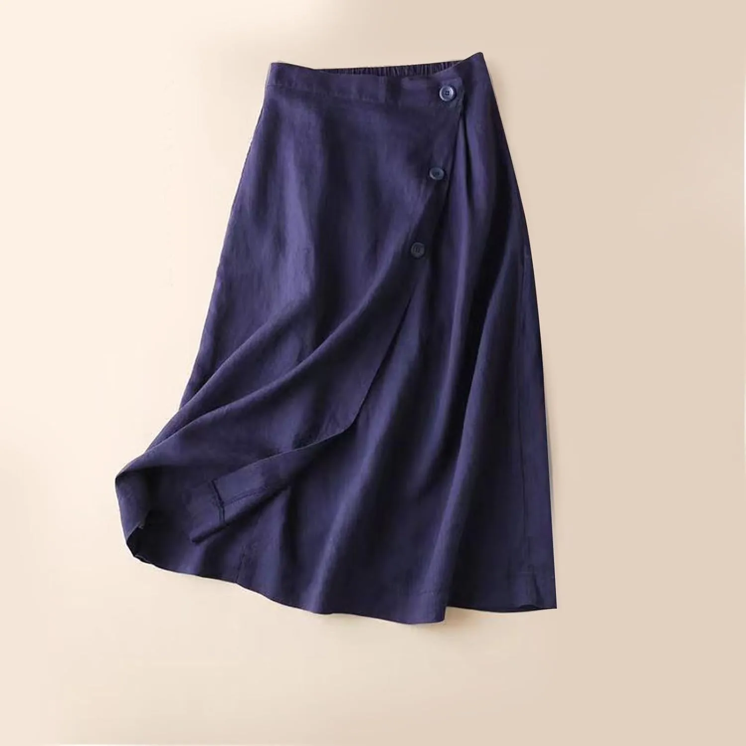 Women's Summer Cotton Linen Button Front Elastic High Waist Swing A Line Midi Skirt Casual Comfy Solid Long Skirts
