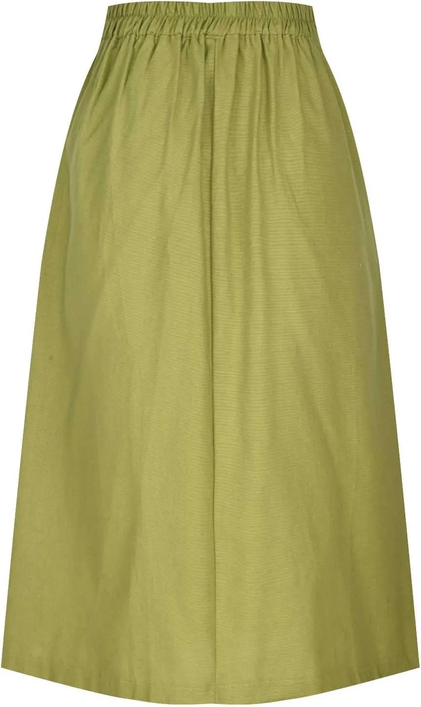 Women's Summer Cotton Linen Button Front Elastic High Waist Swing A Line Midi Skirt Casual Comfy Solid Long Skirts