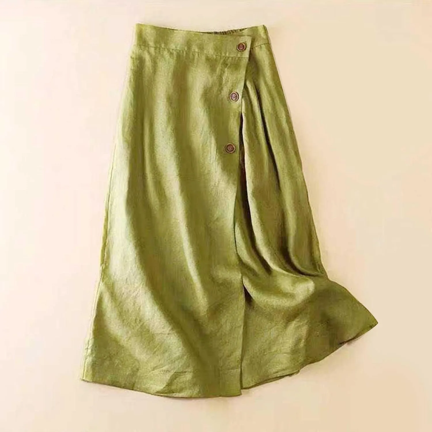 Women's Summer Cotton Linen Button Front Elastic High Waist Swing A Line Midi Skirt Casual Comfy Solid Long Skirts