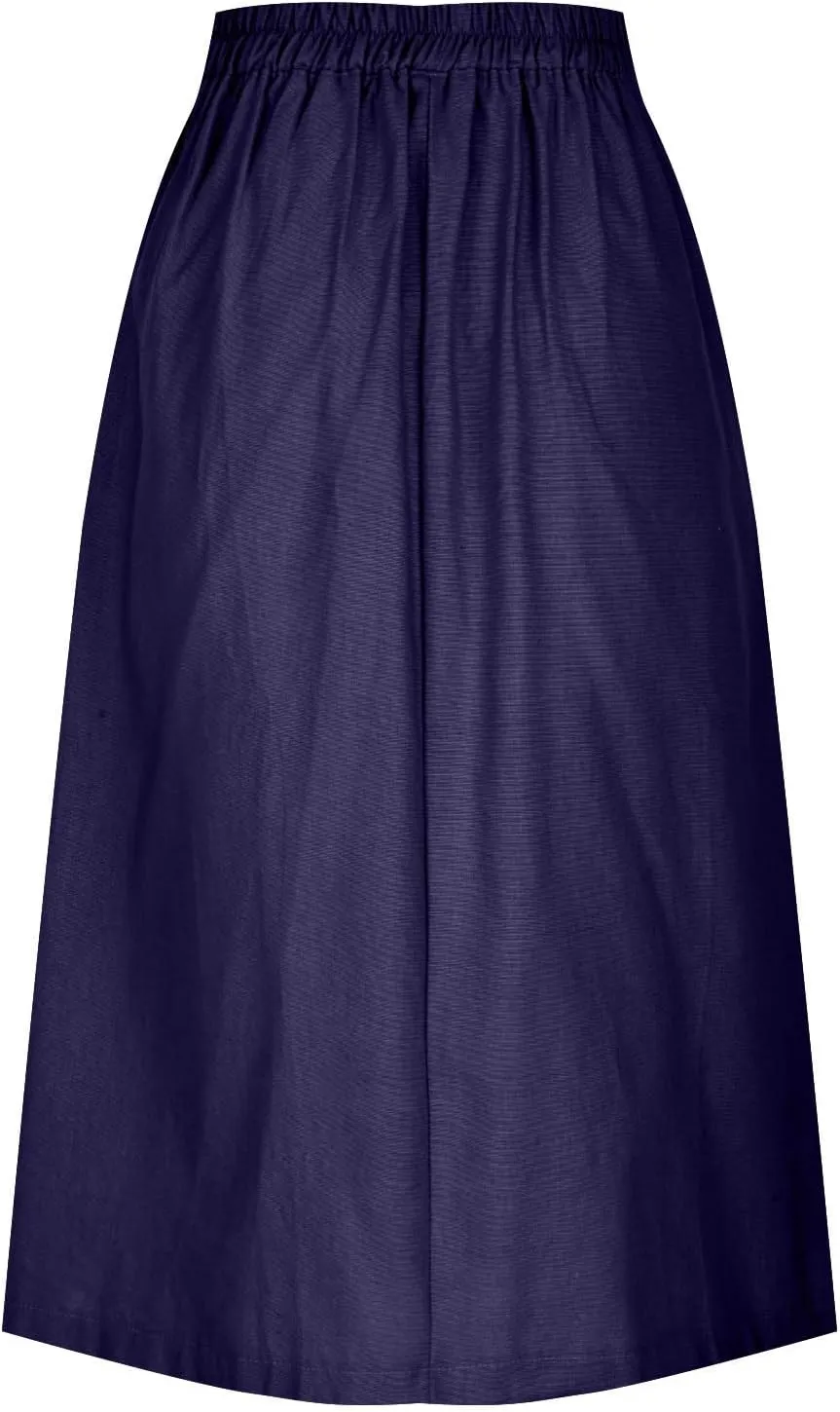 Women's Summer Cotton Linen Button Front Elastic High Waist Swing A Line Midi Skirt Casual Comfy Solid Long Skirts