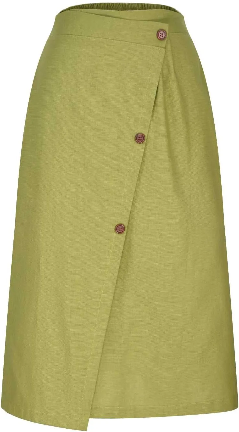 Women's Summer Cotton Linen Button Front Elastic High Waist Swing A Line Midi Skirt Casual Comfy Solid Long Skirts