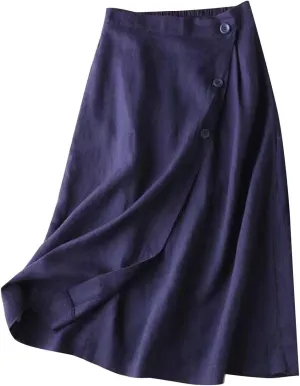 Women's Summer Cotton Linen Button Front Elastic High Waist Swing A Line Midi Skirt Casual Comfy Solid Long Skirts