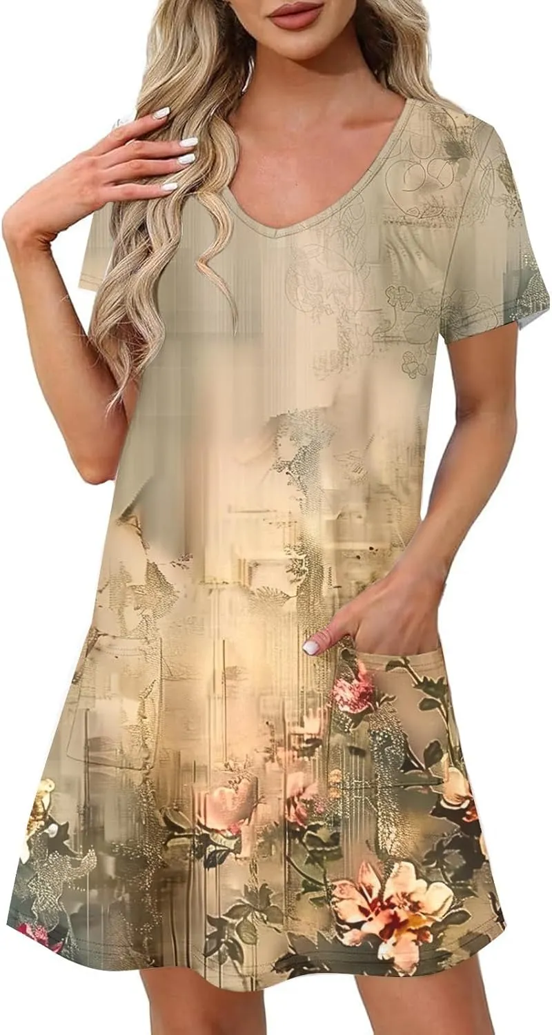 Womens Summer Dresses 2025 Short Sleeve V Neck Floral Shirt Dress Loose Fit Shift Sundress