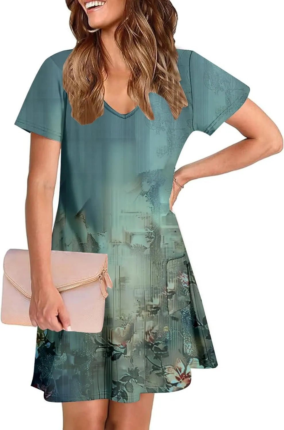 Womens Summer Dresses 2025 Short Sleeve V Neck Floral Shirt Dress Loose Fit Shift Sundress