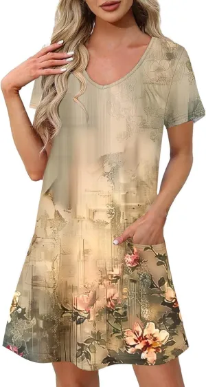 Womens Summer Dresses 2025 Short Sleeve V Neck Floral Shirt Dress Loose Fit Shift Sundress