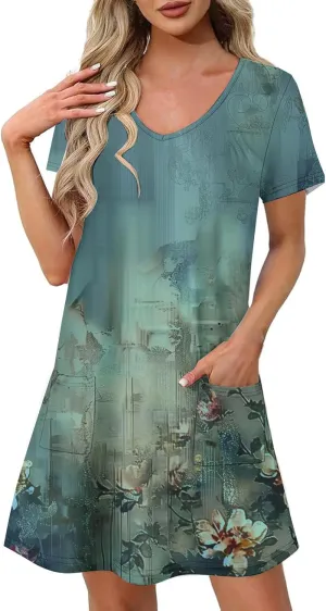 Womens Summer Dresses 2025 Short Sleeve V Neck Floral Shirt Dress Loose Fit Shift Sundress