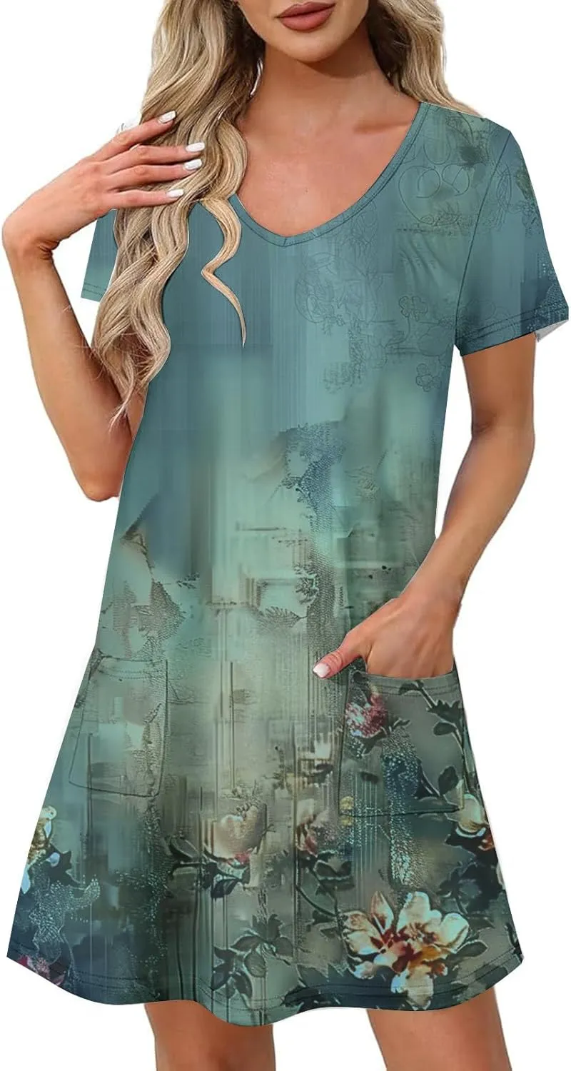 Womens Summer Dresses 2025 Short Sleeve V Neck Floral Shirt Dress Loose Fit Shift Sundress