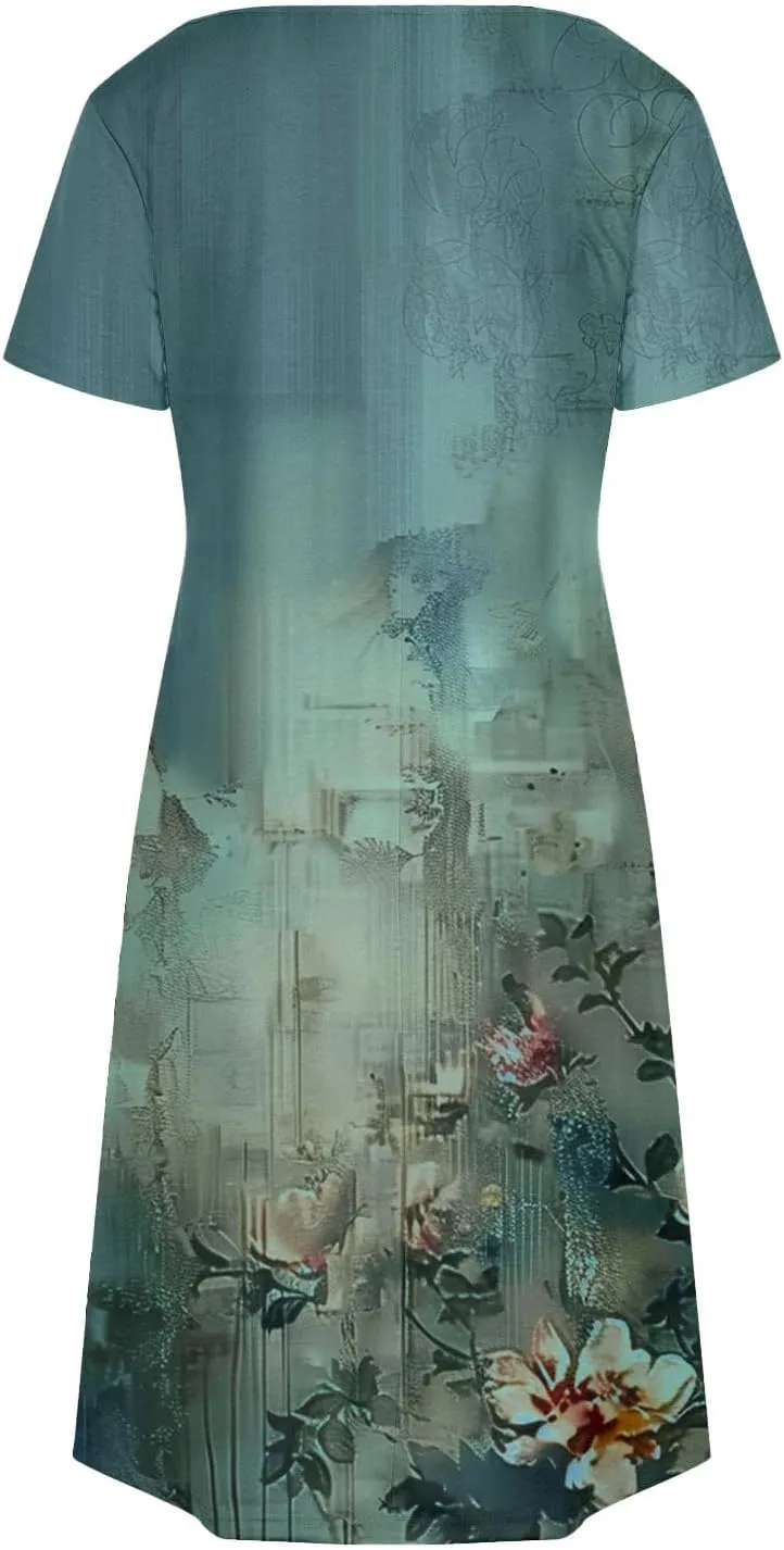 Womens Summer Dresses 2025 Short Sleeve V Neck Floral Shirt Dress Loose Fit Shift Sundress