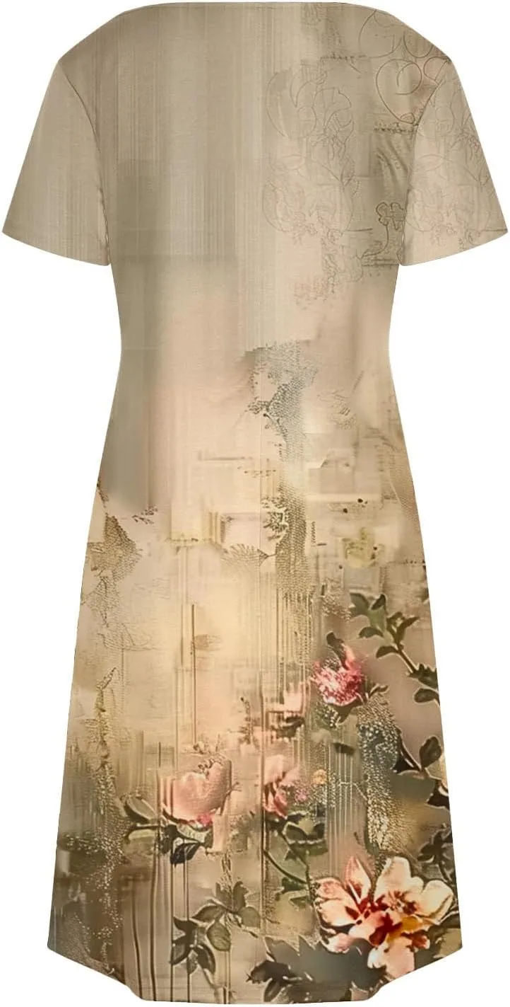 Womens Summer Dresses 2025 Short Sleeve V Neck Floral Shirt Dress Loose Fit Shift Sundress