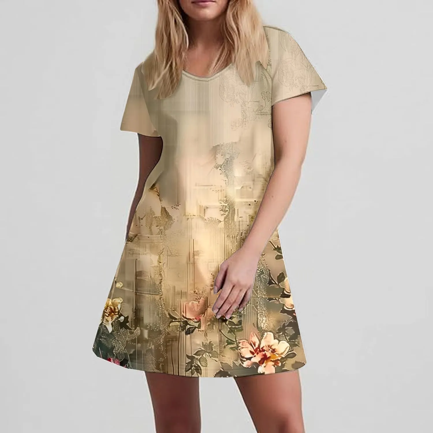 Womens Summer Dresses 2025 Short Sleeve V Neck Floral Shirt Dress Loose Fit Shift Sundress