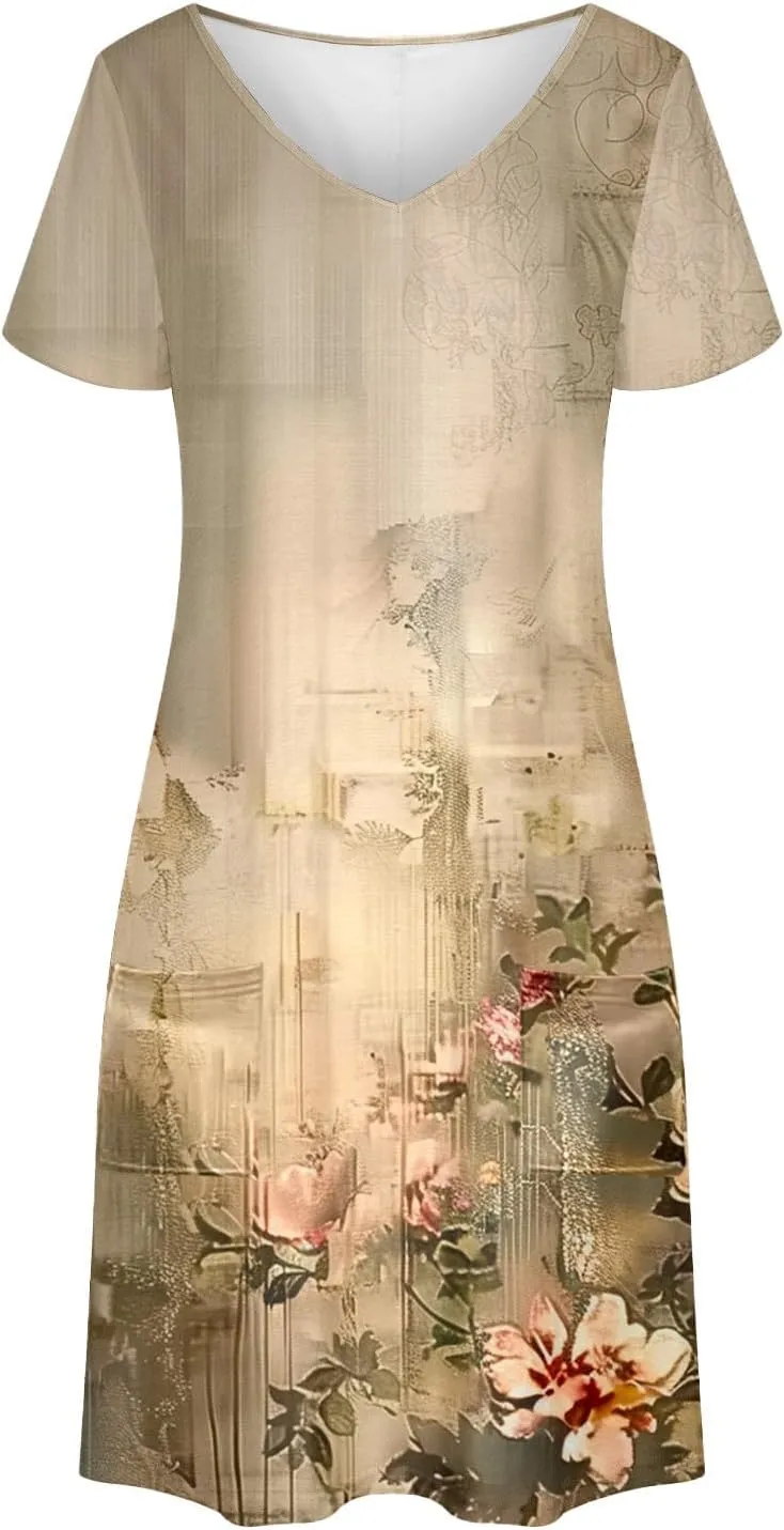 Womens Summer Dresses 2025 Short Sleeve V Neck Floral Shirt Dress Loose Fit Shift Sundress