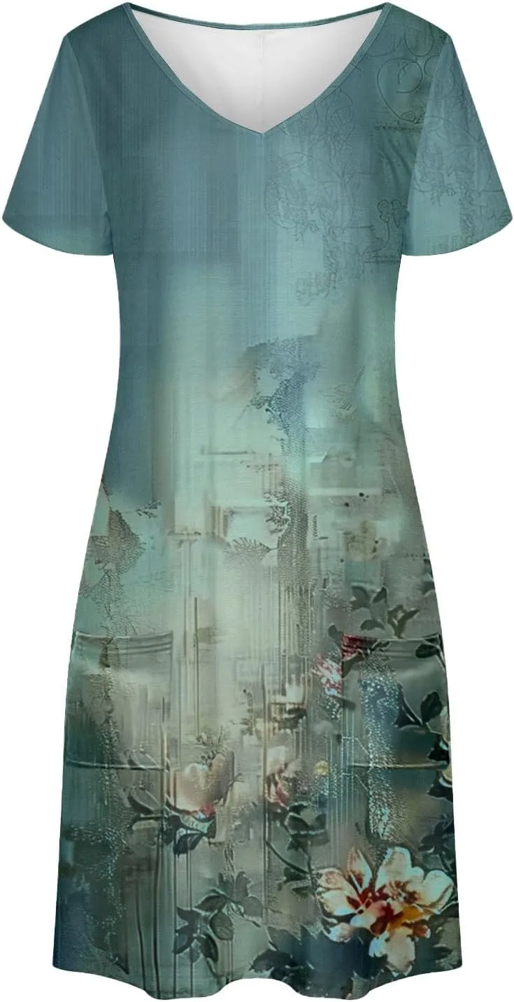 Womens Summer Dresses 2025 Short Sleeve V Neck Floral Shirt Dress Loose Fit Shift Sundress