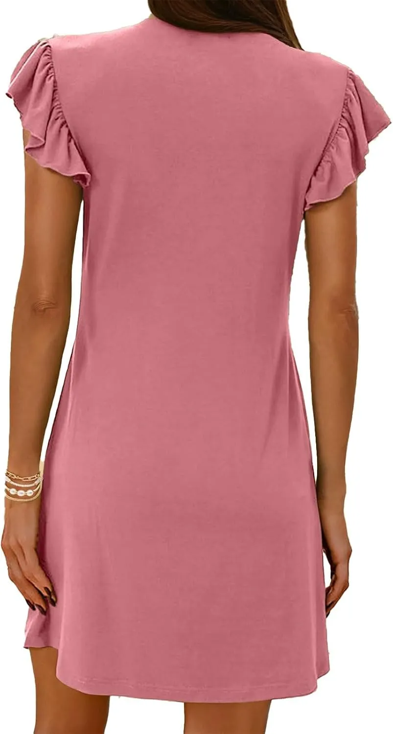 Womens Summer Dresses Elegant Ruffle Sleeve Mini Dresses Deep V Neck Loose Sundress Casual Vacation Beach Dress