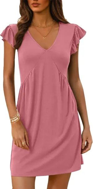 Womens Summer Dresses Elegant Ruffle Sleeve Mini Dresses Deep V Neck Loose Sundress Casual Vacation Beach Dress