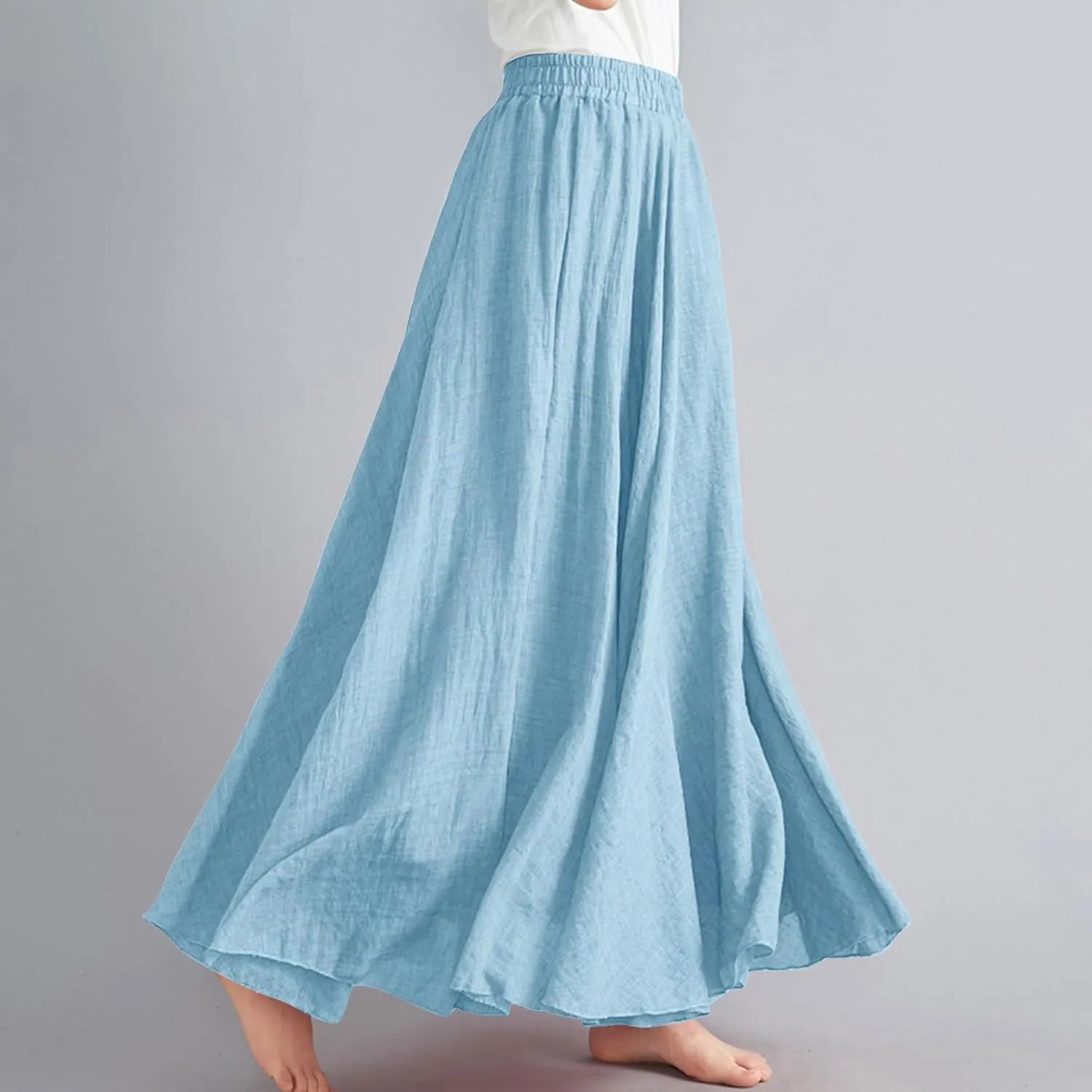 Womens Summer Flowy Swing Tiered A-Line Midi Skirt Fashion Trendy Casual Elastic Waist Pleated Long Beach Skirts