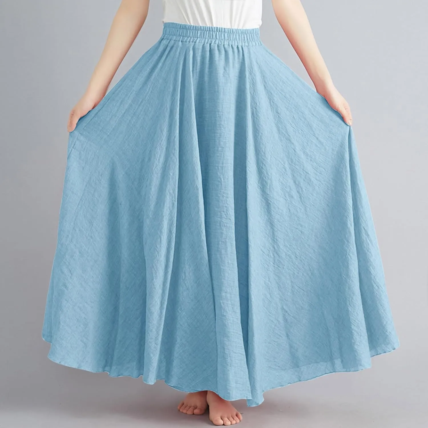 Womens Summer Flowy Swing Tiered A-Line Midi Skirt Fashion Trendy Casual Elastic Waist Pleated Long Beach Skirts