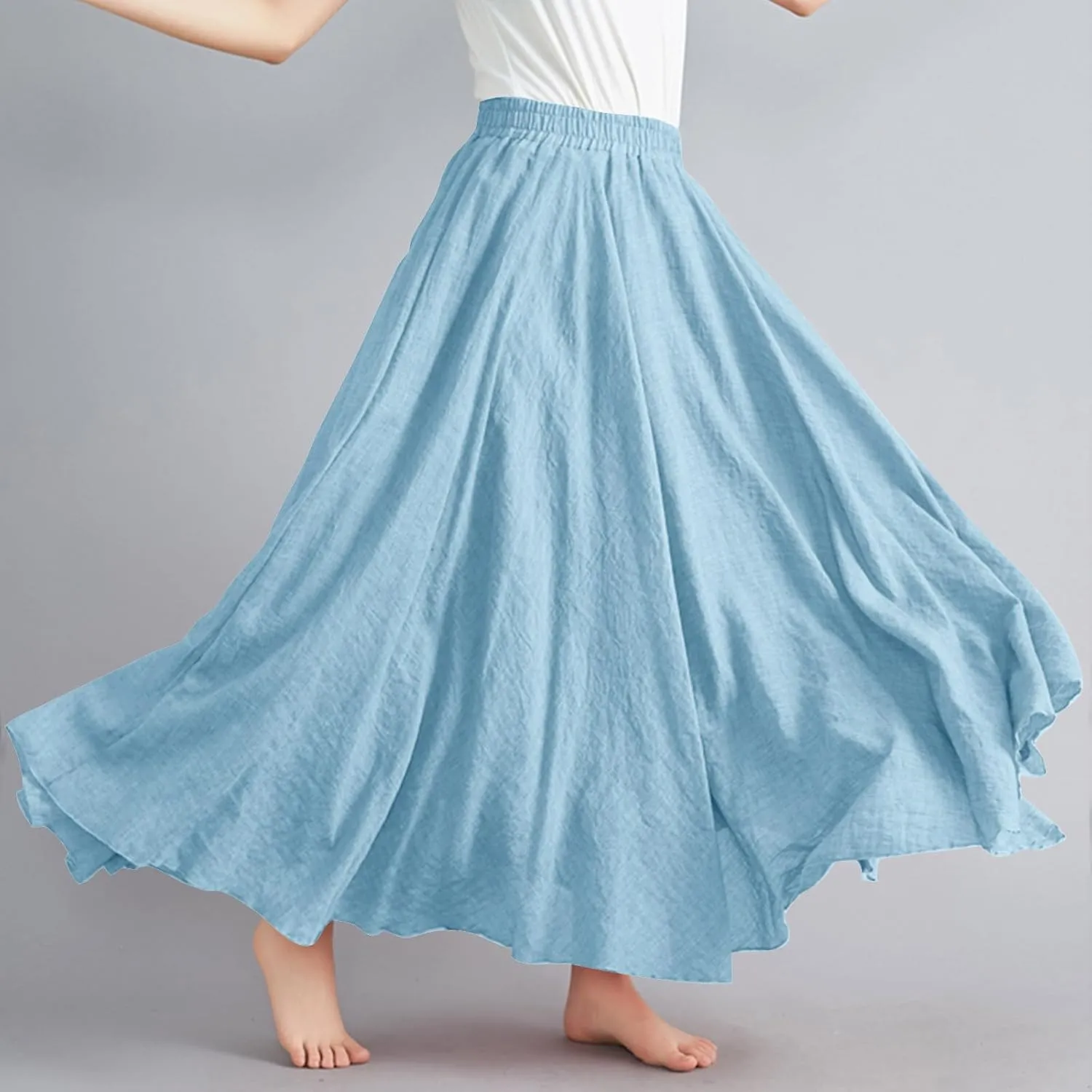 Womens Summer Flowy Swing Tiered A-Line Midi Skirt Fashion Trendy Casual Elastic Waist Pleated Long Beach Skirts