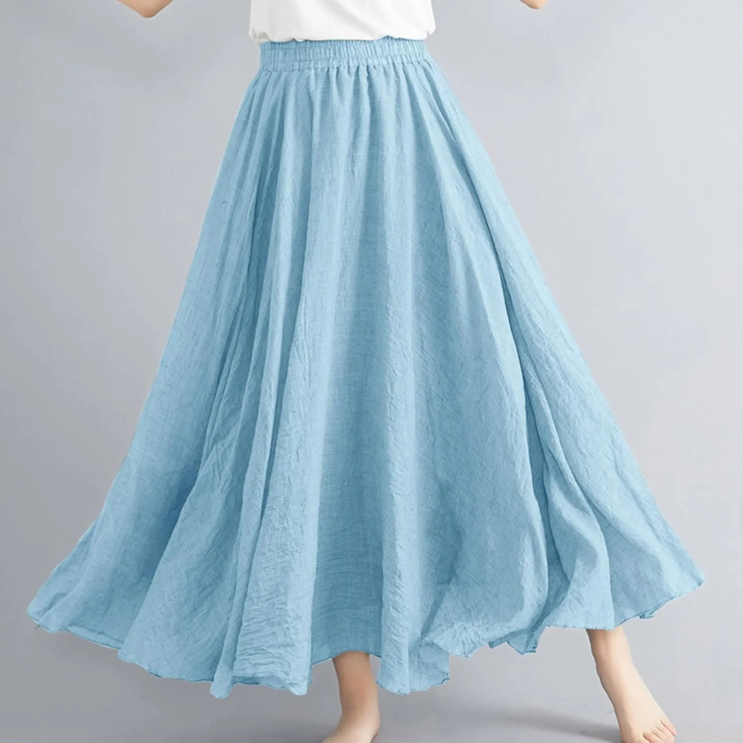 Womens Summer Flowy Swing Tiered A-Line Midi Skirt Fashion Trendy Casual Elastic Waist Pleated Long Beach Skirts