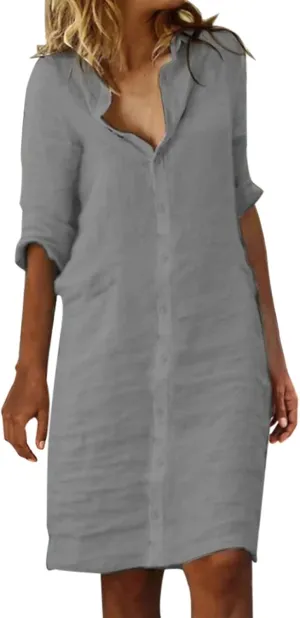 Womens Summer Midi Shirt Dresses Button Down 1/2 Sleeve Lapel Casual Cotton Linen T Shirt Dress