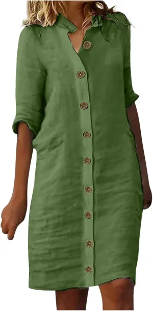 Womens Summer Midi Shirt Dresses Button Down 1/2 Sleeve Lapel Casual Cotton Linen T Shirt Dress