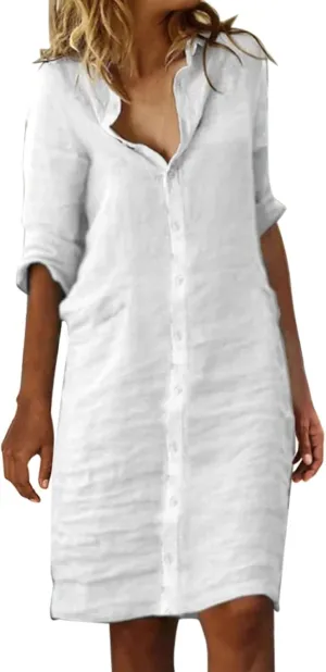 Womens Summer Midi Shirt Dresses Button Down 1/2 Sleeve Lapel Casual Cotton Linen T Shirt Dress
