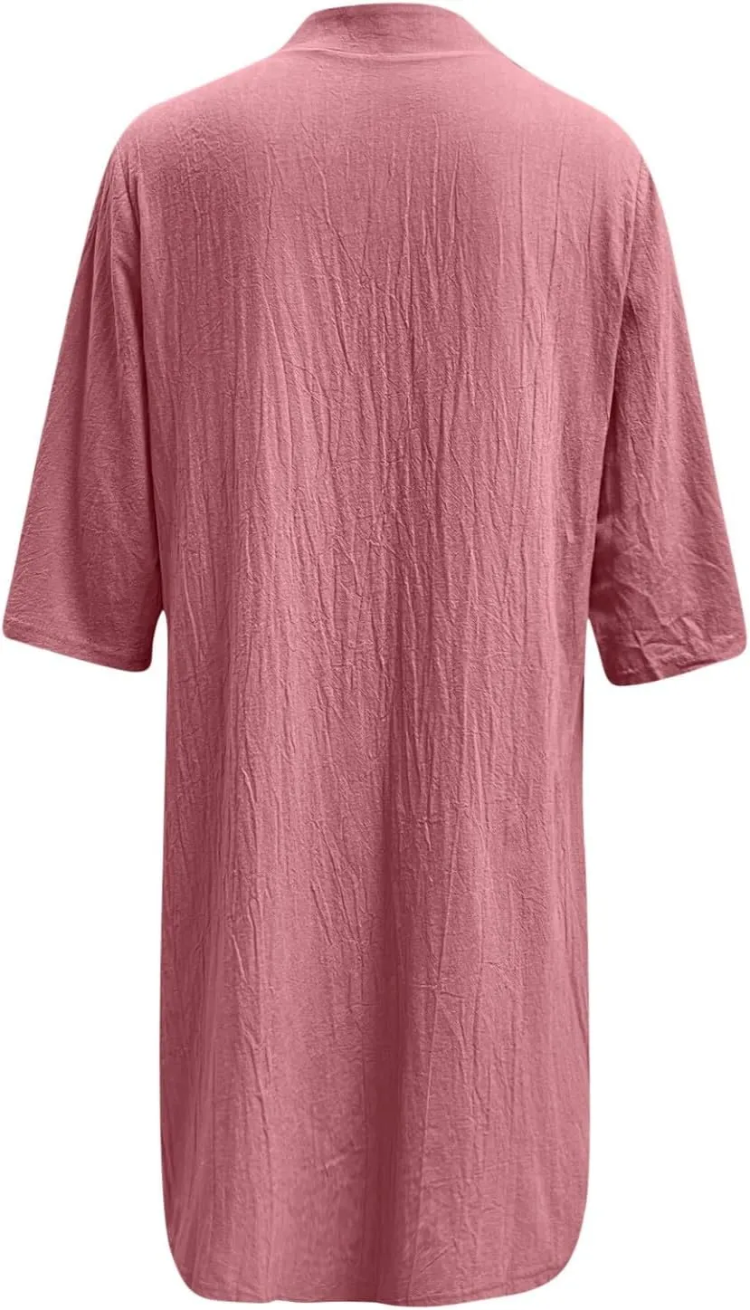 Womens Summer Midi Shirt Dresses Button Down 1/2 Sleeve Lapel Casual Cotton Linen T Shirt Dress