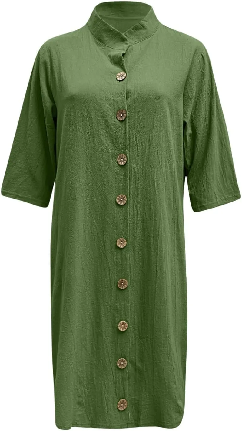 Womens Summer Midi Shirt Dresses Button Down 1/2 Sleeve Lapel Casual Cotton Linen T Shirt Dress