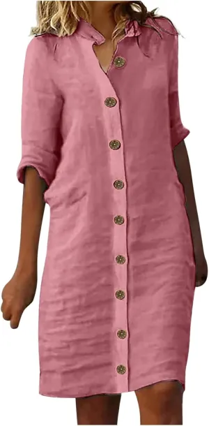 Womens Summer Midi Shirt Dresses Button Down 1/2 Sleeve Lapel Casual Cotton Linen T Shirt Dress