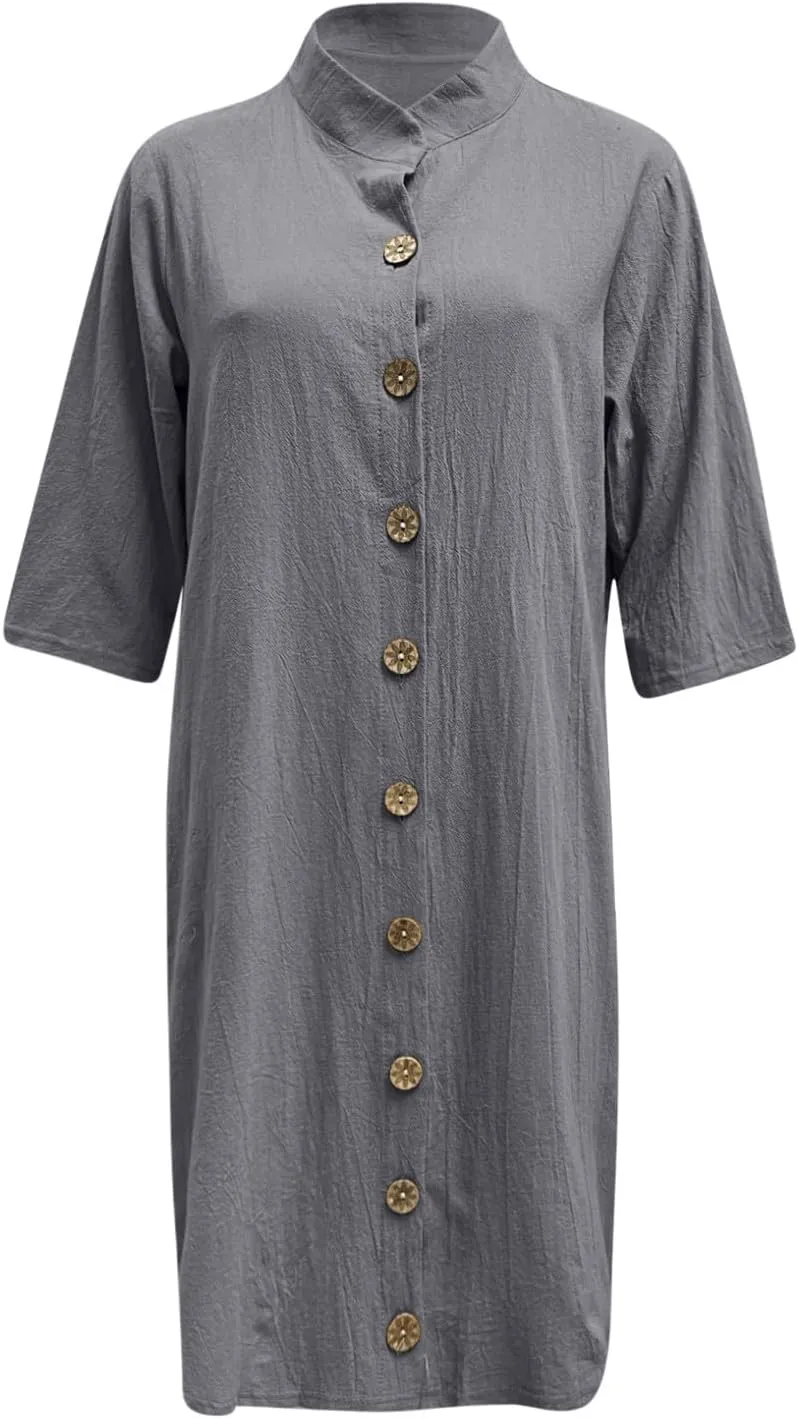 Womens Summer Midi Shirt Dresses Button Down 1/2 Sleeve Lapel Casual Cotton Linen T Shirt Dress