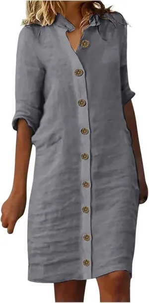Womens Summer Midi Shirt Dresses Button Down 1/2 Sleeve Lapel Casual Cotton Linen T Shirt Dress