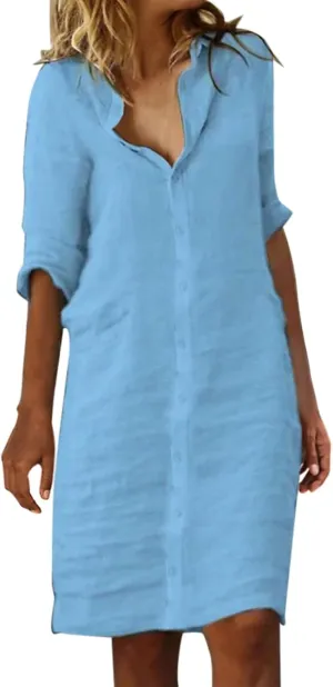 Womens Summer Midi Shirt Dresses Button Down 1/2 Sleeve Lapel Casual Cotton Linen T Shirt Dress